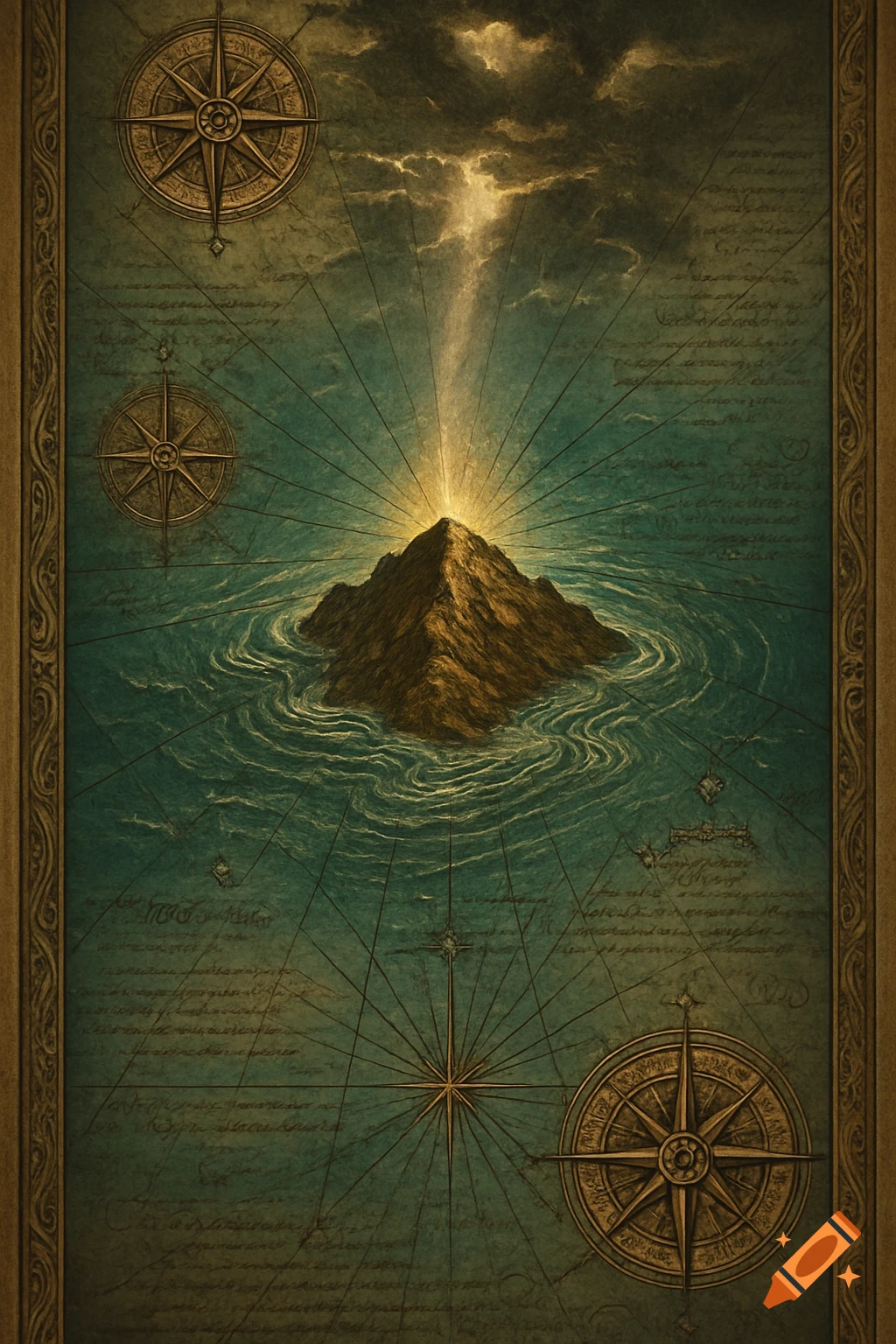 An old, dramatic 16th-century style maritime map with an island at the center in turquoise water, under a mysterious light from stormy clouds, with compass roses.