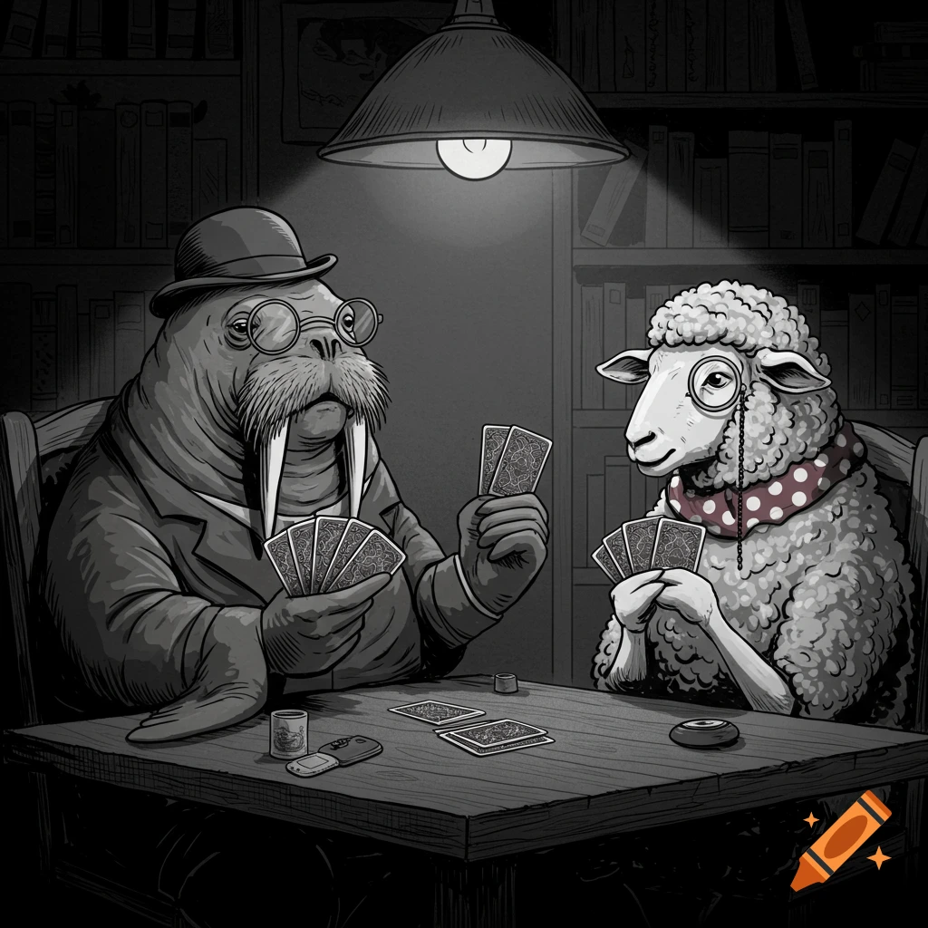 Black and white comic illustration of a walrus and a sheep playing cards at a table under a lamp in a library.