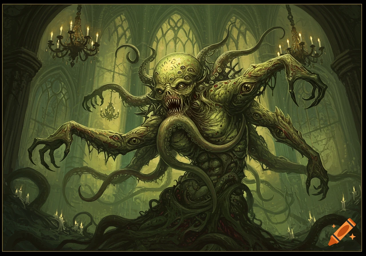 A green, multi-eyed, tentacled monster with sharp teeth stands in a dark, gothic chamber with chandeliers.