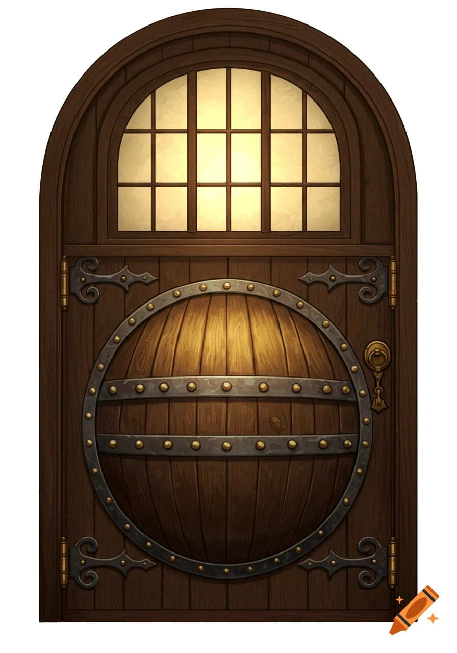 A rustic, arched wooden door with a barrel-shaped lower half, metal bands, wrought-iron hinges, and an arched window.