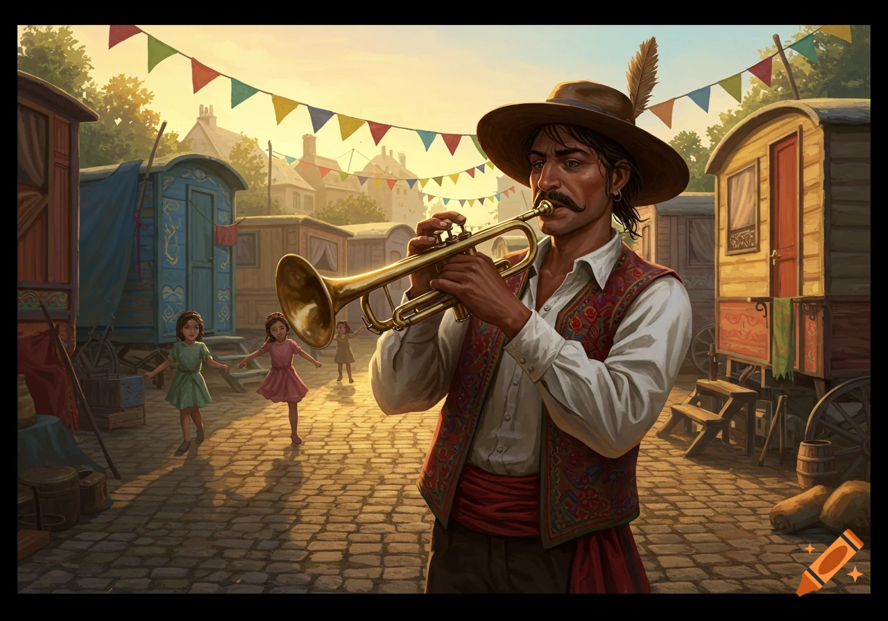 A man in a hat plays a trumpet in a village square with children dancing and colorful flags strung above gypsy wagons at sunset.