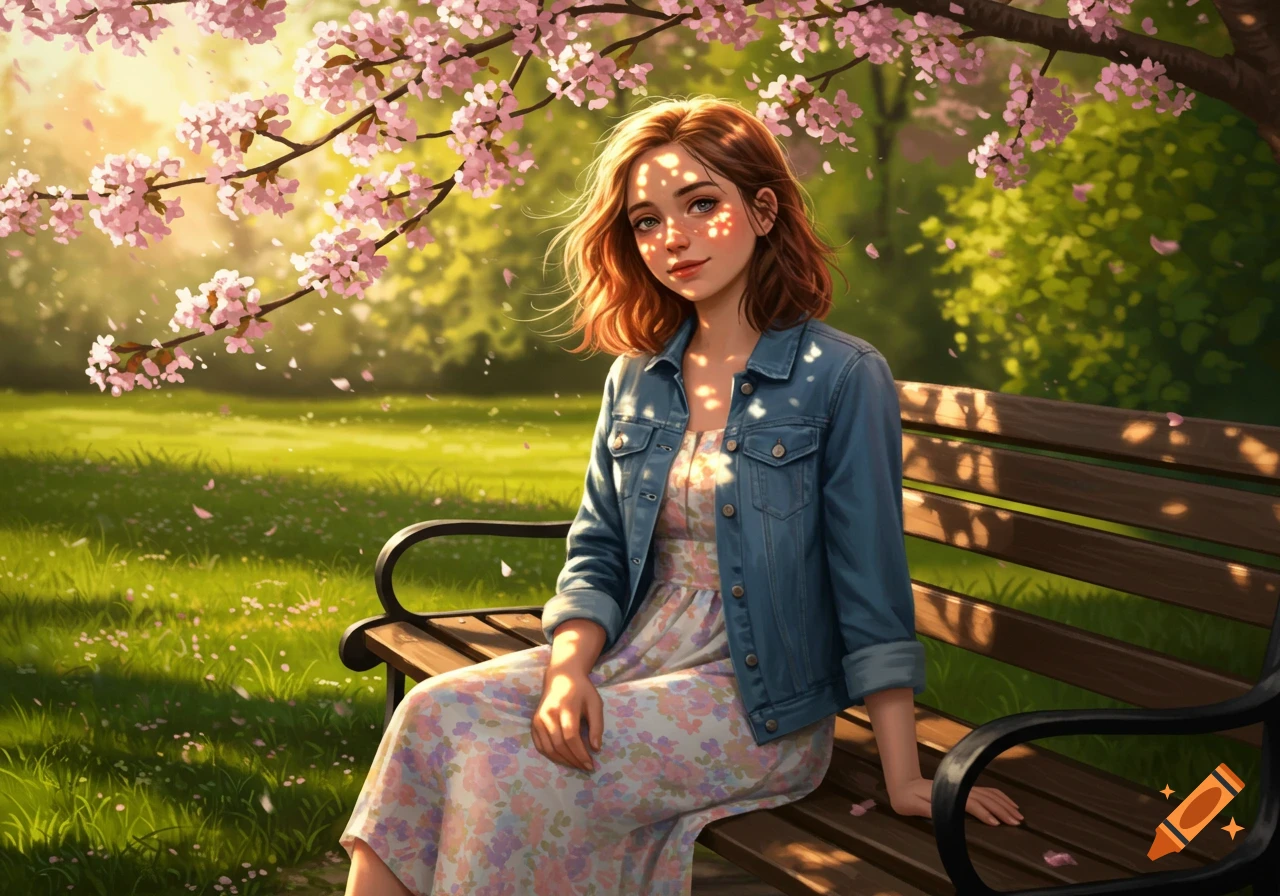 An illustrated young woman with auburn hair sits on a park bench under a cherry blossom tree, pink petals falling around her.