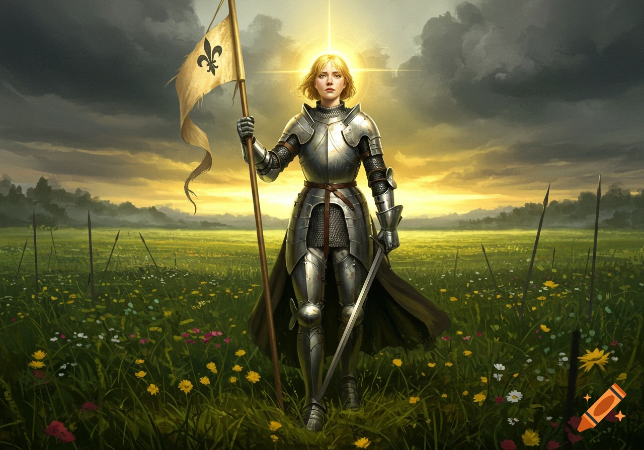 A blonde woman in shining armor stands in a vibrant wildflower field, holding a staff with a Fleur-de-lis flag and a sword, bathed in golden light.