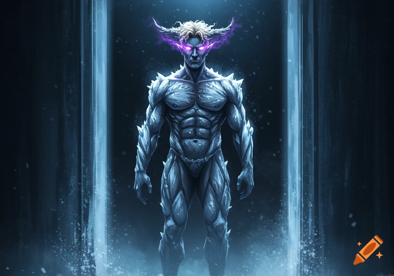 A tall, muscular man with ice shards covering his body, glowing violet eyes, horns, and wild blond hair stands in a blue lit doorway.