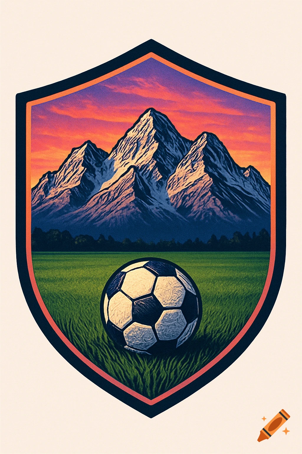 An illustrated shield logo featuring rocky mountains at sunset above a green field with a soccer ball.