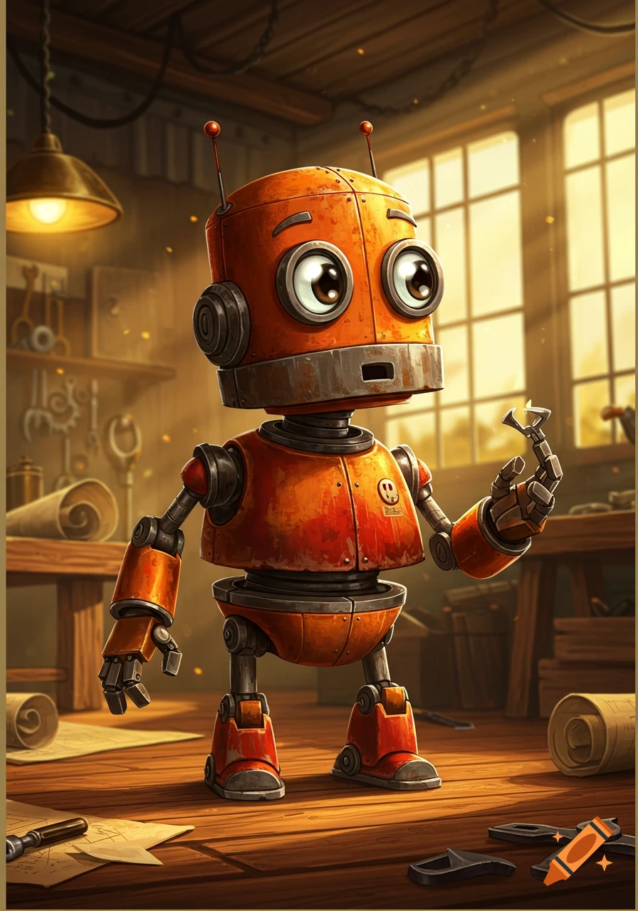 A rusty orange and red robot with big round eyes stands in a warm workshop, holding a small metal piece.