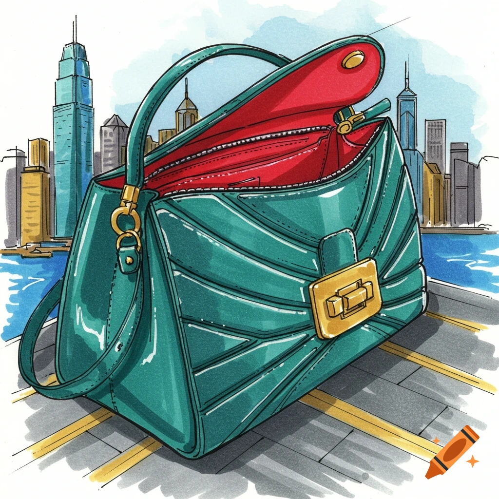 A vibrant colored sketch of a teal handbag with a red lining and gold clasp, against a Hong Kong cityscape.