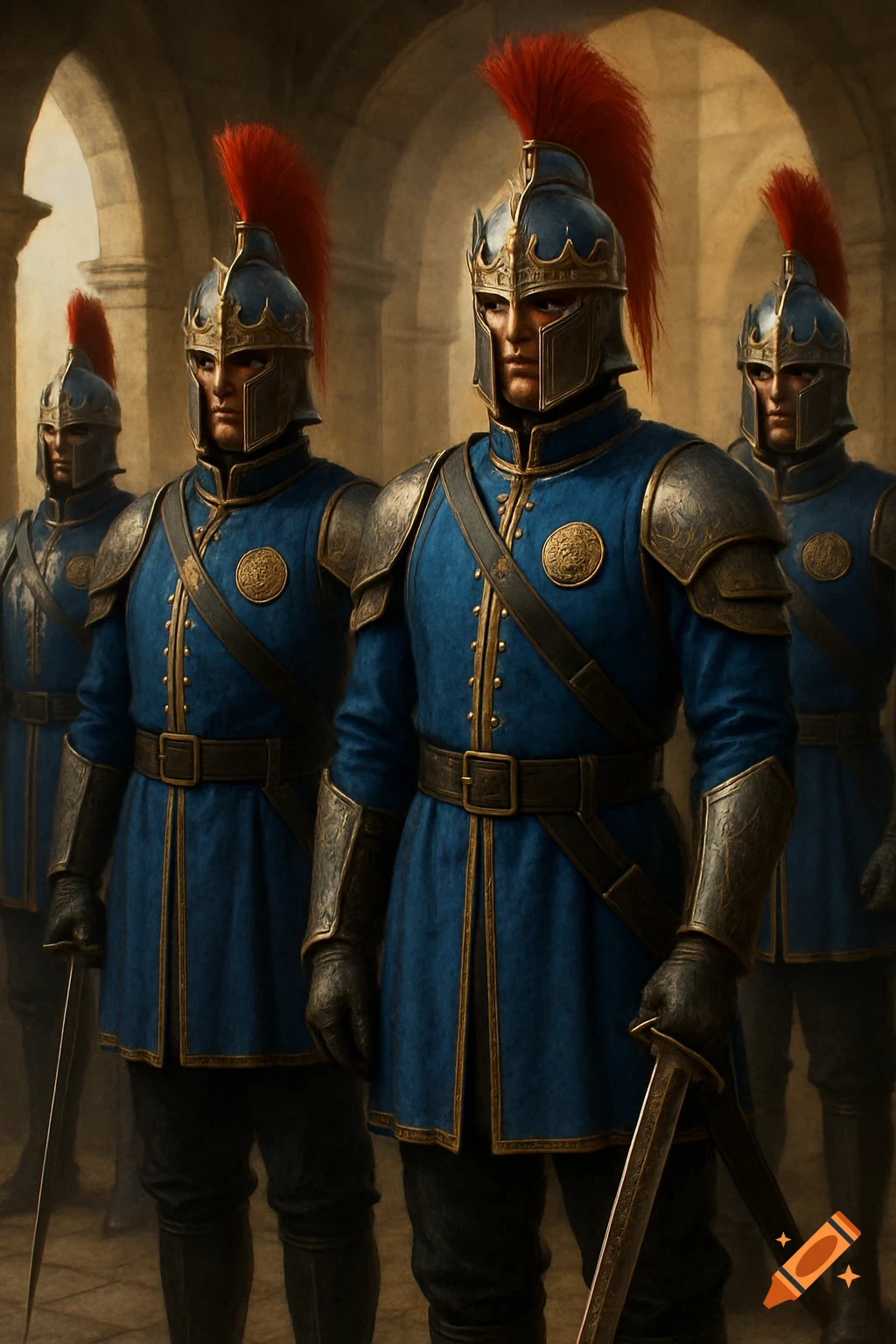 Four armored guards in blue tunics with gold trim and red-plumed helmets stand in an arched stone hall.