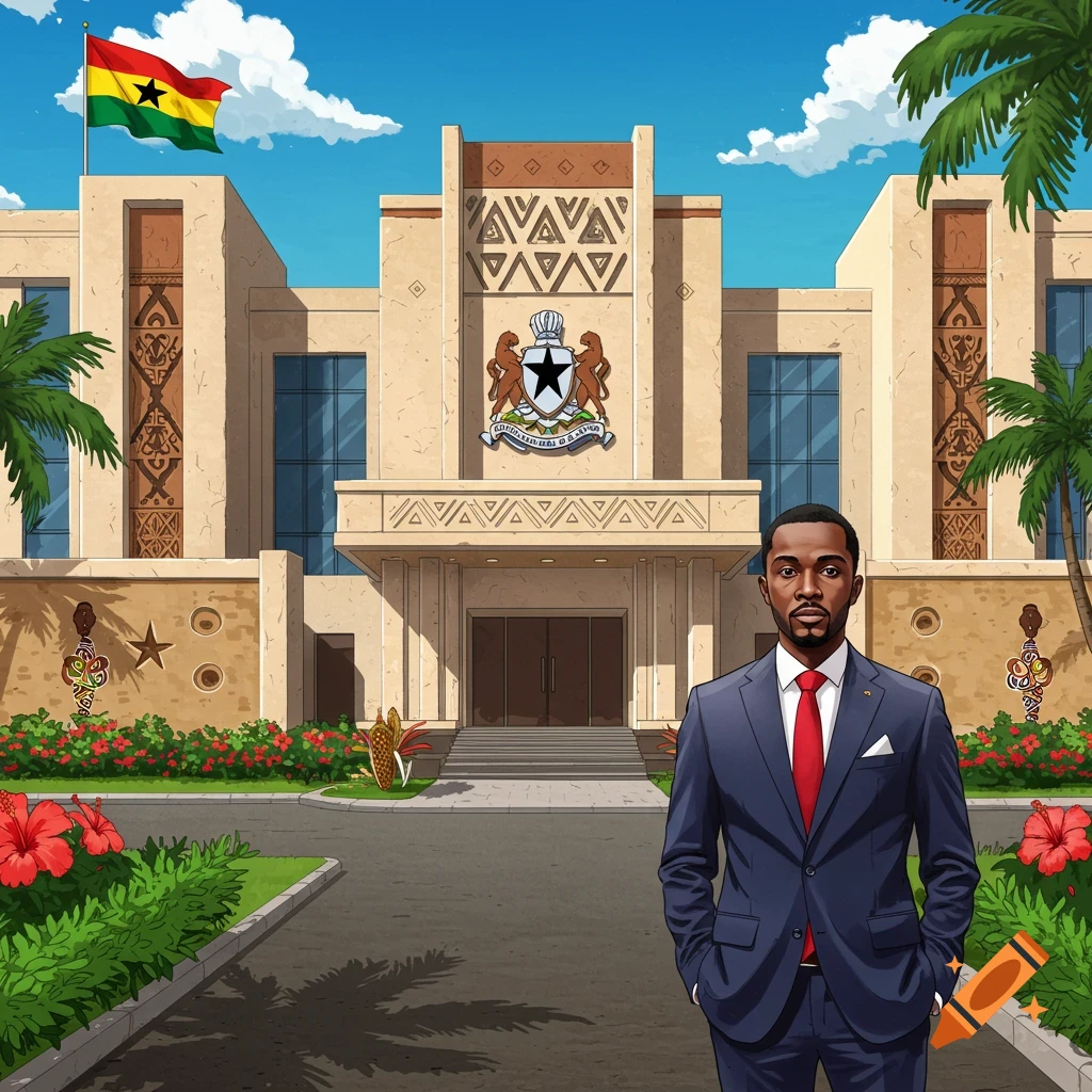 A man in a navy suit and red tie stands in front of a cartoon-style government building with a Ghanaian flag.