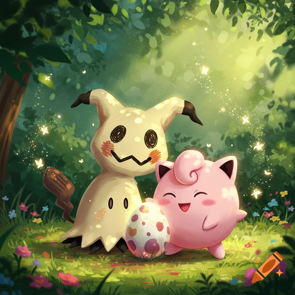 Mimikyu and Jigglypuff happily sitting with an egg between them in a sunny, whimsical forest with sparkling butterflies.