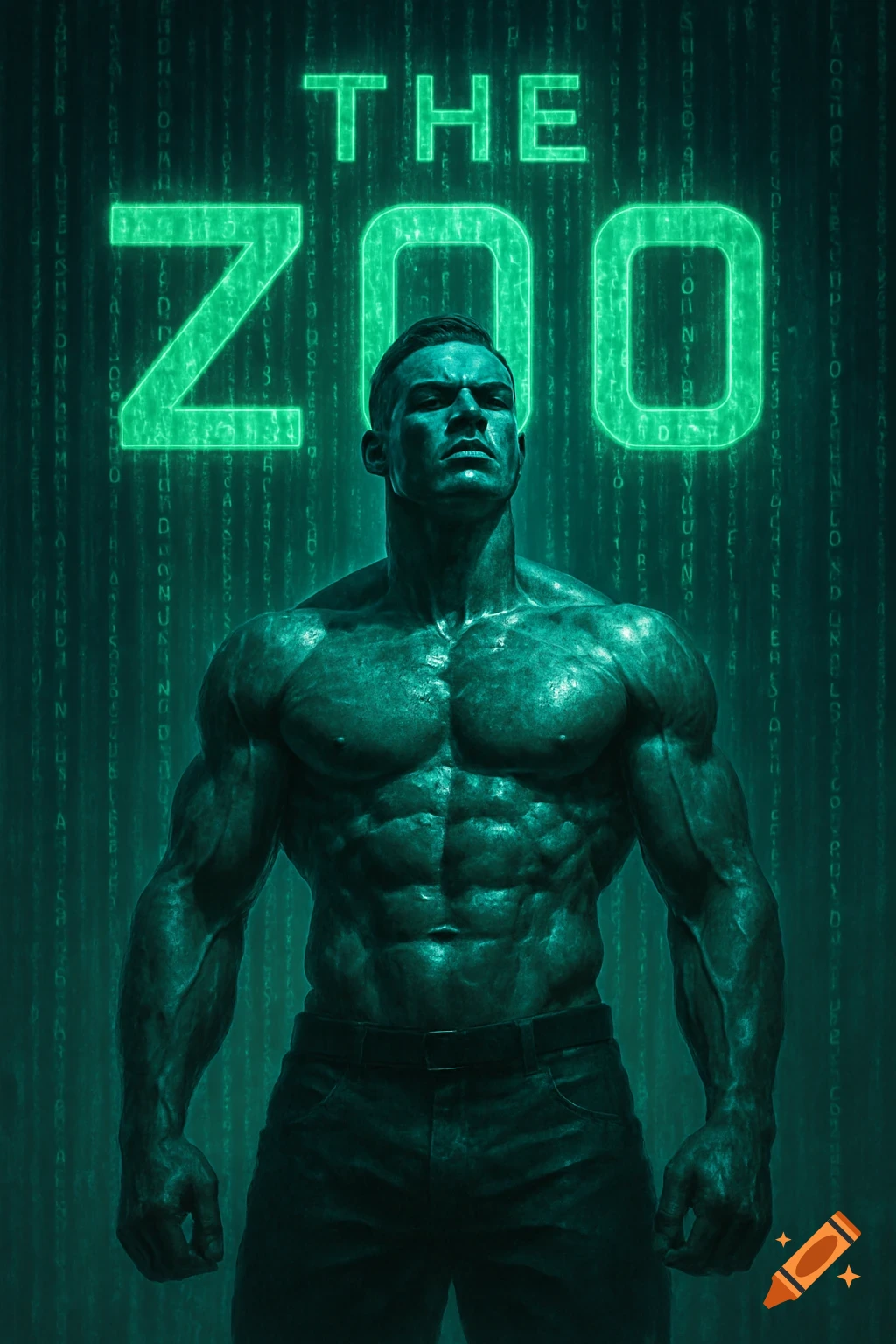 A very muscular man with a serious expression stands shirtless in front of a green Matrix-style digital code background with glowing text 'THE ZOO'.