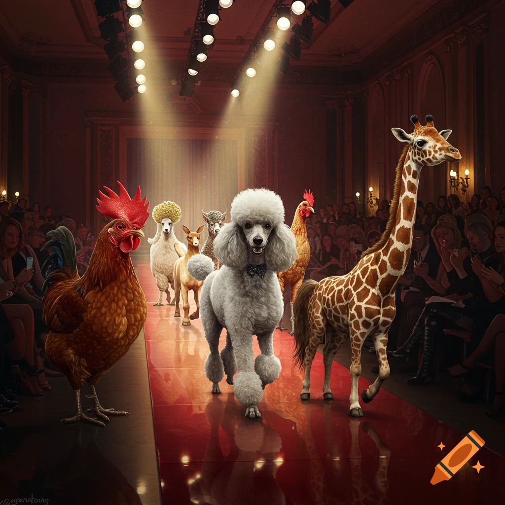 A rooster, poodle, and giraffe lead other animals down a red carpet runway at a surreal fashion show, observed by an audience.