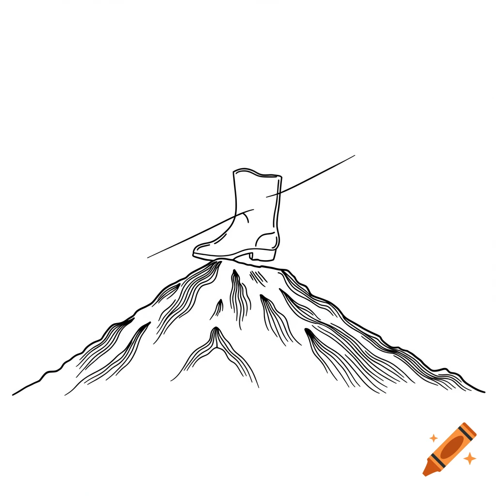 A simple black and white line art illustration of a boot resting on the peak of a mountain.