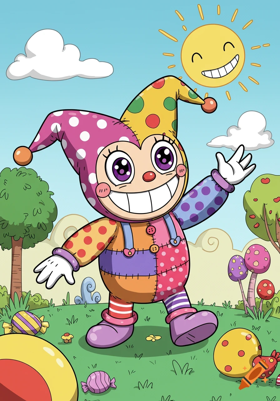 A colorful cartoon jester clown in a patchwork outfit waves in a whimsical outdoor scene with candy, mushrooms, and a smiling sun.