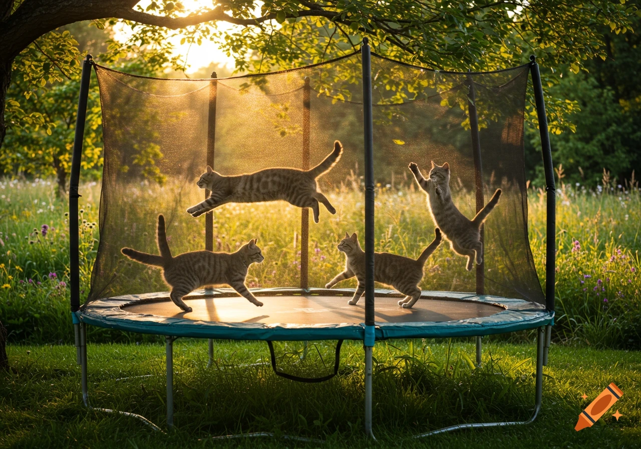 Four tabby cats jump and play on a trampoline in a sun-drenched field at sunset.