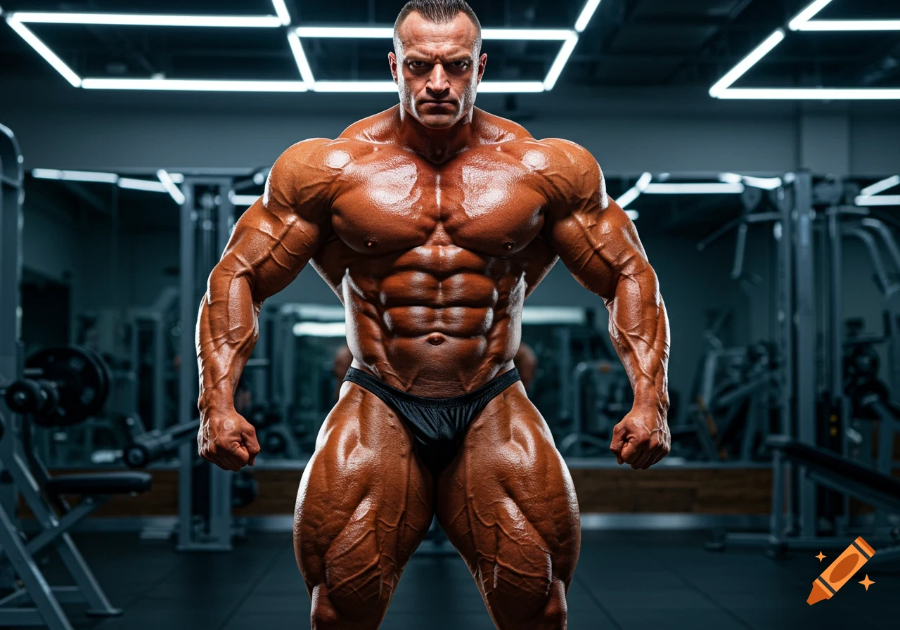 A very muscular bodybuilder, oiled and defined, poses frontally in a modern gym, displaying his physique.