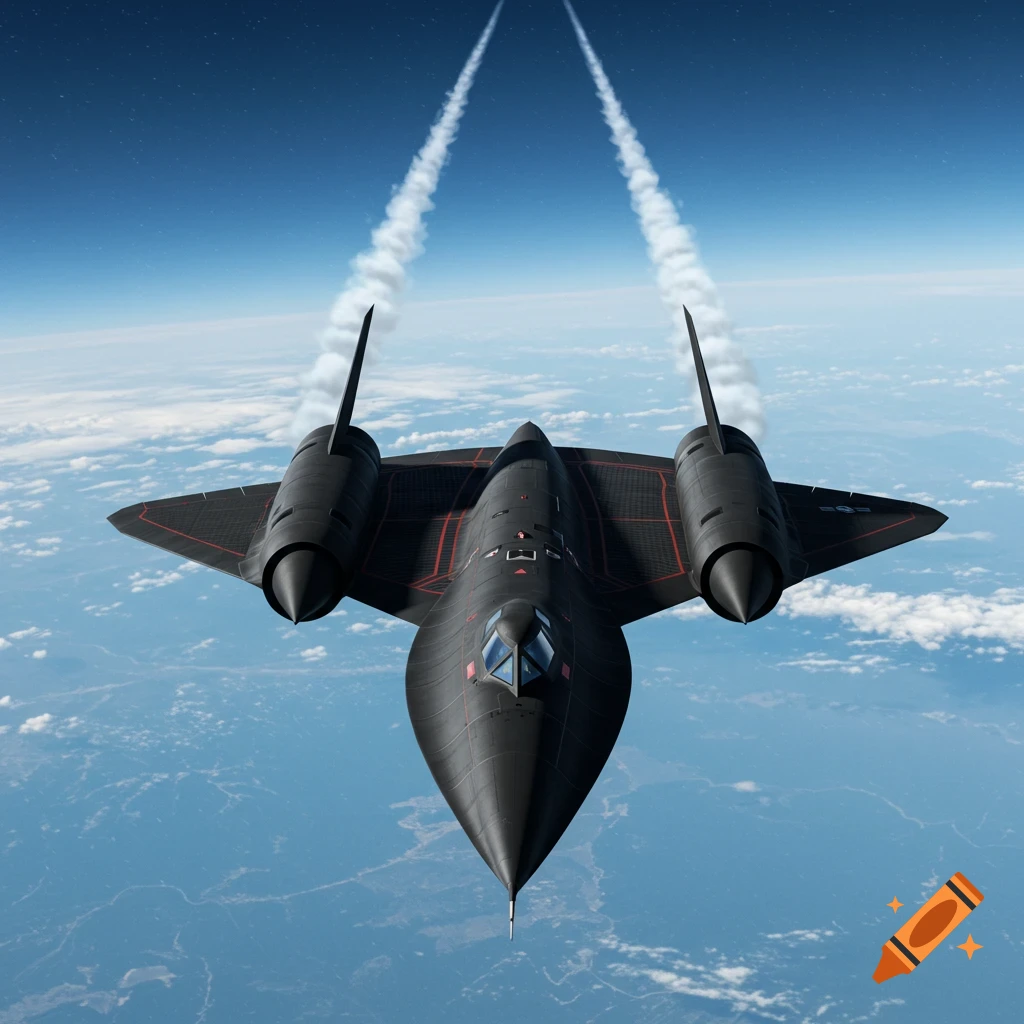 A photorealistic SR-71 Blackbird jet flying high in a blue sky with contrails above scattered clouds.