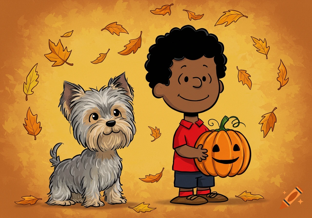 A cartoon boy holding a pumpkin next to a Yorkshire Terrier, with autumn leaves falling around them.