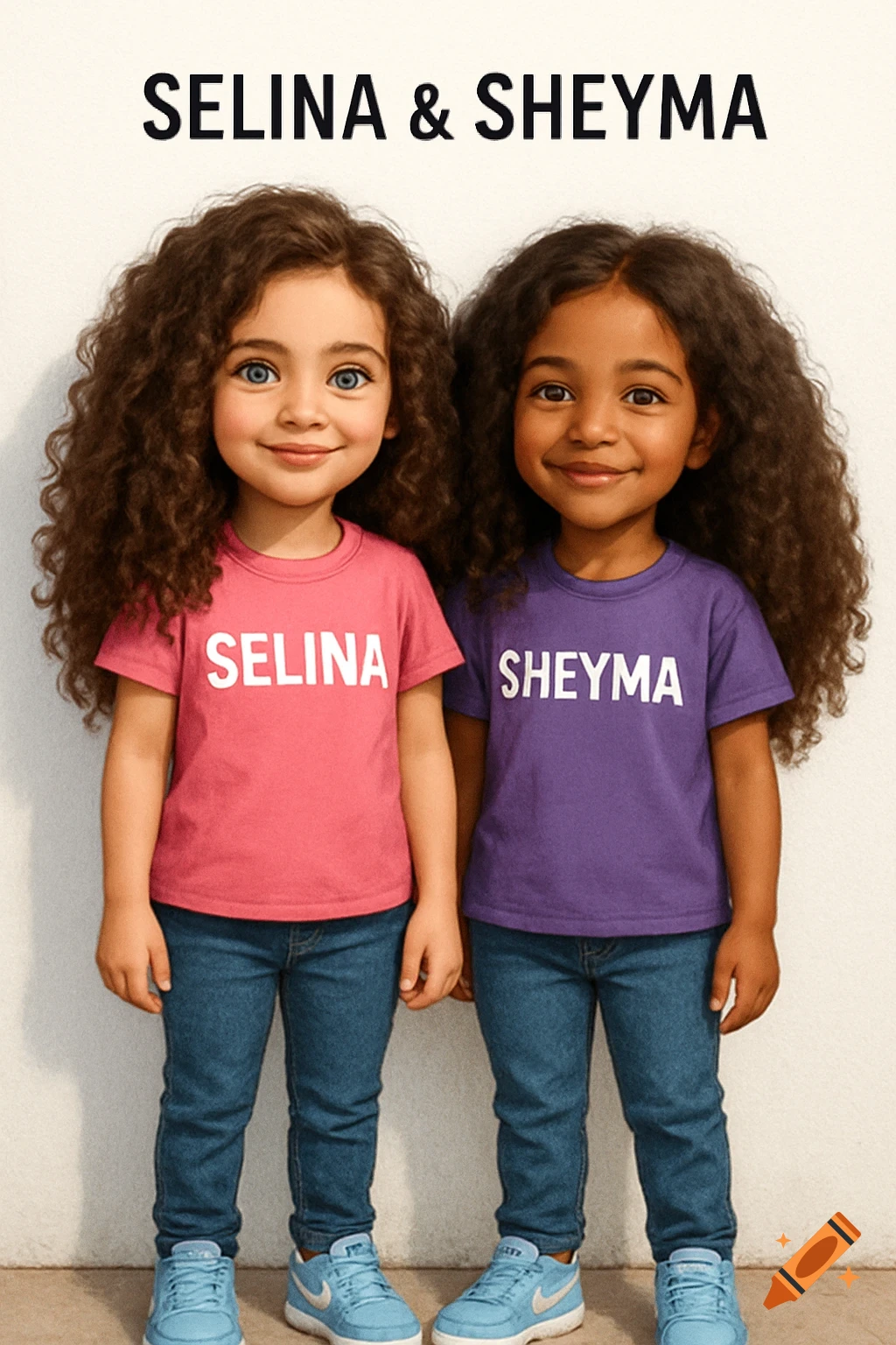Two smiling cartoon girls, Selina in a pink shirt and Sheyma in a purple shirt, stand against a white wall with 'SELINA & SHEYMA' above them.