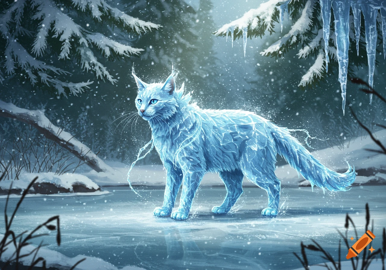 A fantastical ice cat with glowing blue eyes stands on a frozen lake in a snowy winter forest.
