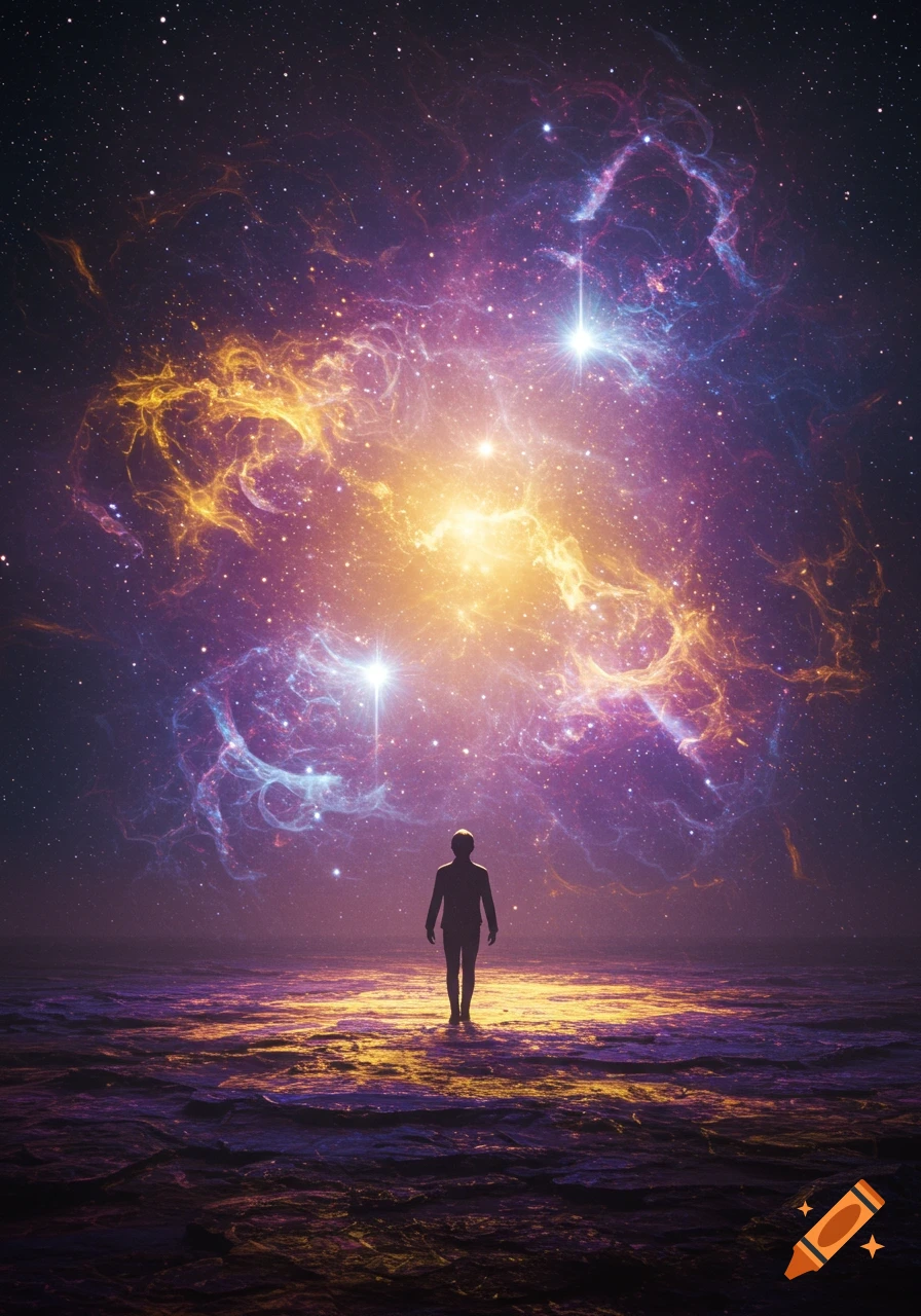 A silhouetted person stands on a glowing, textured ground, gazing up at a vibrant purple and orange nebula filled with stars.