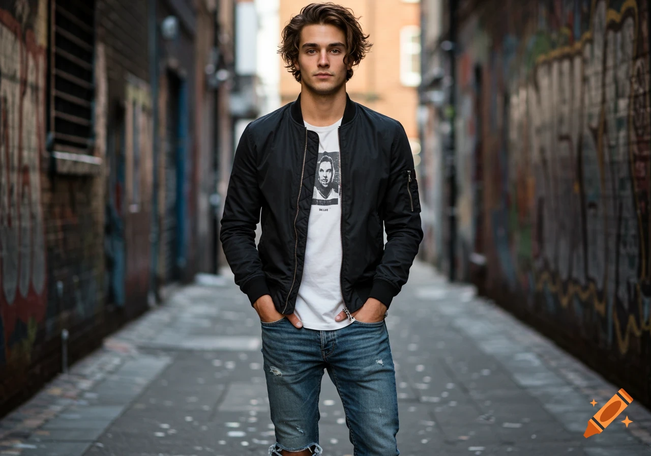 A photorealistic full body portrait of a man with curly brown hair wearing a black bomber jacket, a white t-shirt, and ripped jeans, standing in a graffiti-covered alley.