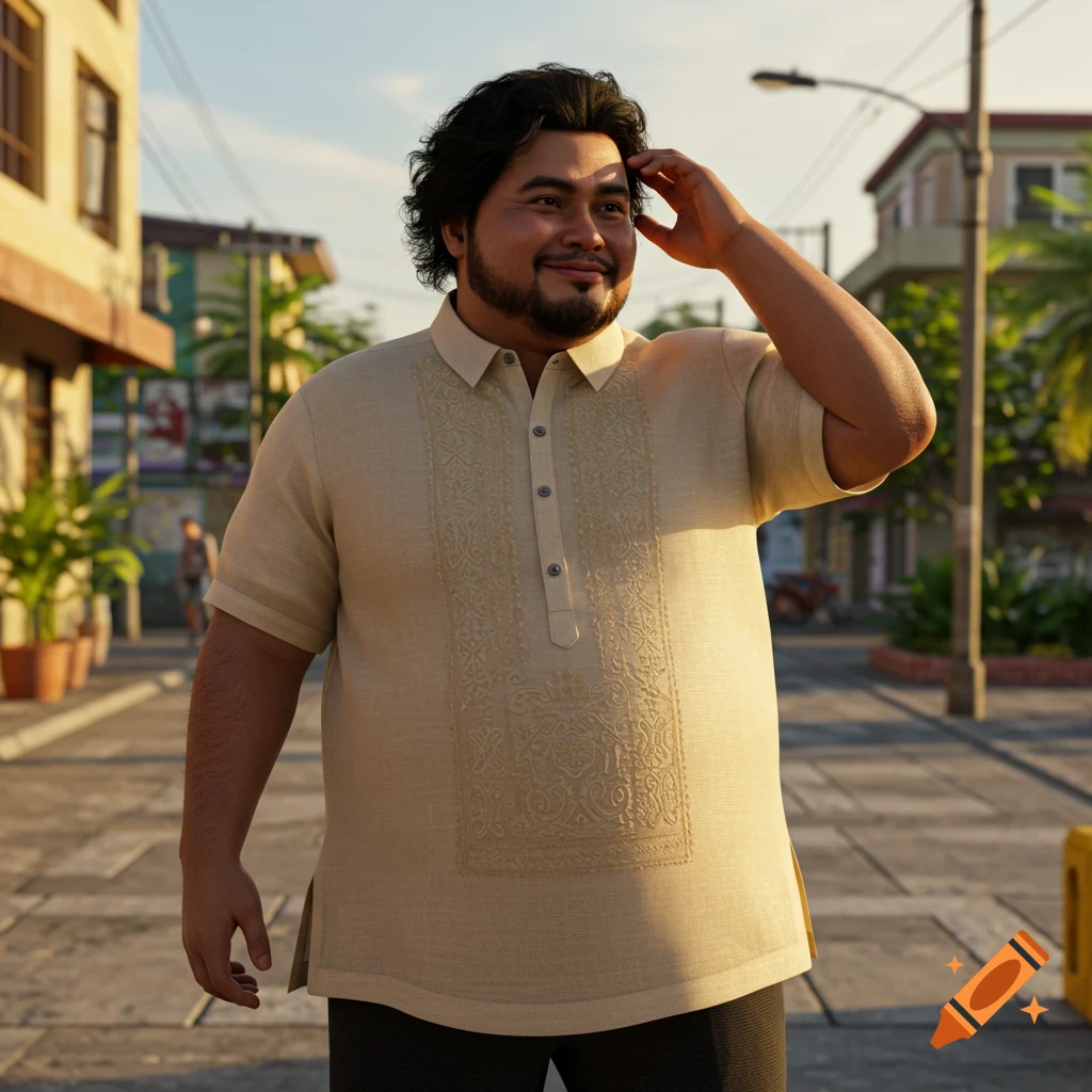 A smiling, bearded Filipino man in a traditional Barong Tagalog shirt stands on a sunlit street, looking away from the camera. Photorealistic style.