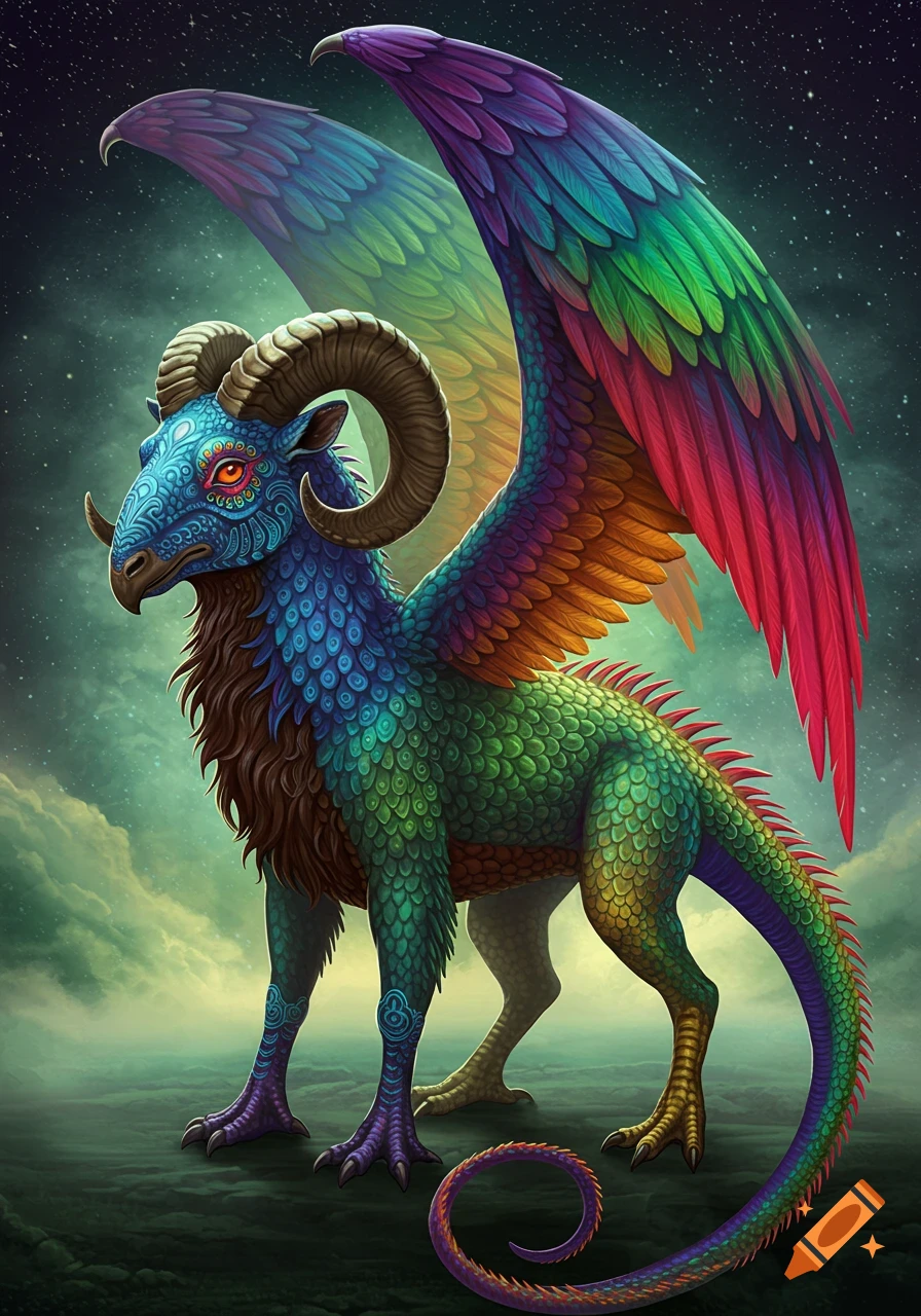 A vibrant, colorful alebrije creature with a blue ornate head, large ram-like horns, feathered rainbow wings, a scaly green body, eagle talons, and a long spiked iguana tail, standing under a starry sky.