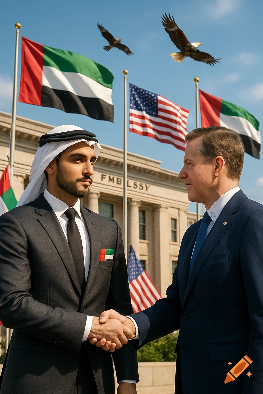 An Emirati diplomat and a US diplomat shake hands in front of an embassy with UAE and US flags flying, eagles soar above.