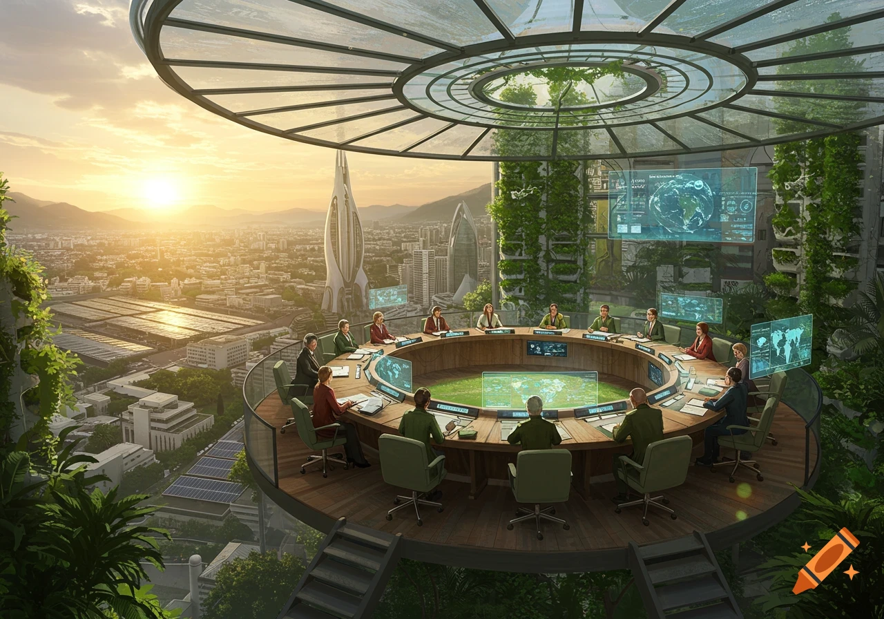 A futuristic meeting room overlooking a verdant city at sunset, with a circular table where people are gathered around holographic displays.