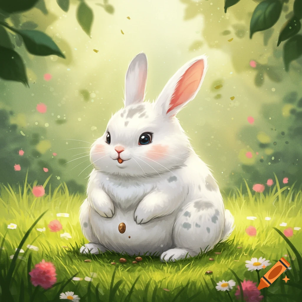 A cute white cartoon bunny with grey spots sits in a vibrant green field with pink and white flowers.