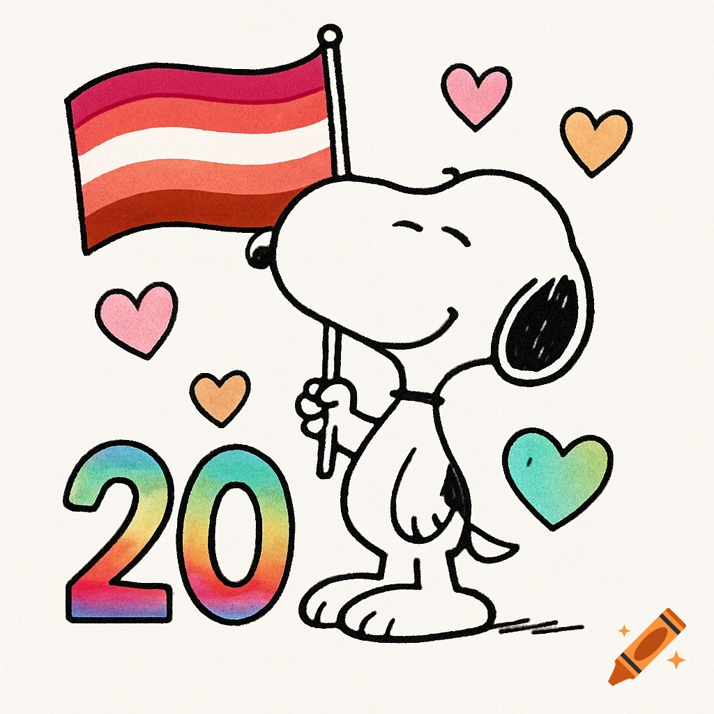 Cartoon Snoopy holding a lesbian pride flag, surrounded by hearts, with a rainbow-colored '20'.