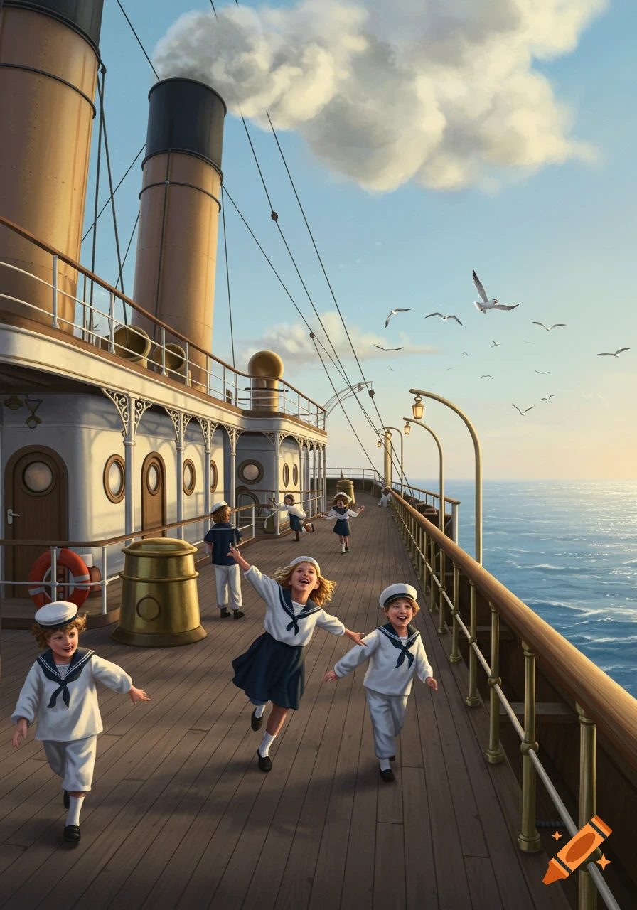 Smiling children in sailor outfits run happily on the wooden deck of a large steamship under a sunny sky with seagulls.