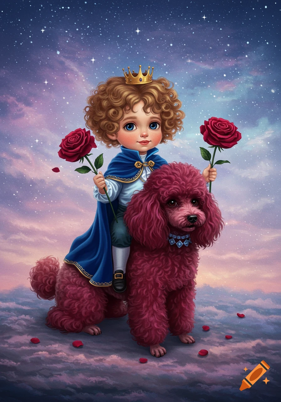 Whimsical illustration of a cute little prince with a crown, holding red roses while riding a fluffy red poodle in a starry, cloudy sky.