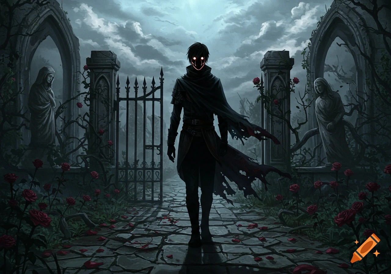 Anime dark fantasy of a masked man in a tattered cloak in a gothic garden with a gate, statues, and scattered red roses.