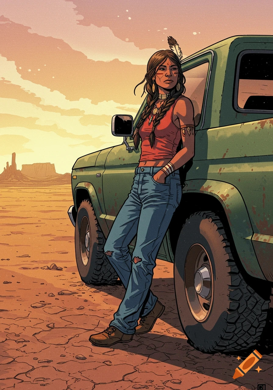 A Native American woman in a red tank top and blue jeans leans against a green pickup truck in a desert landscape, comic art style.