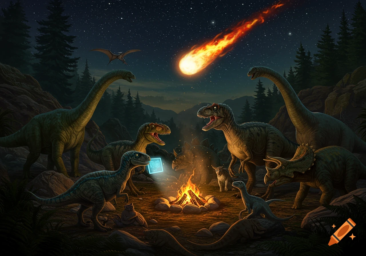Dinosaurs gather around a campfire in a night forest as a meteor streaks across the starry sky, one looking at a glowing tablet.