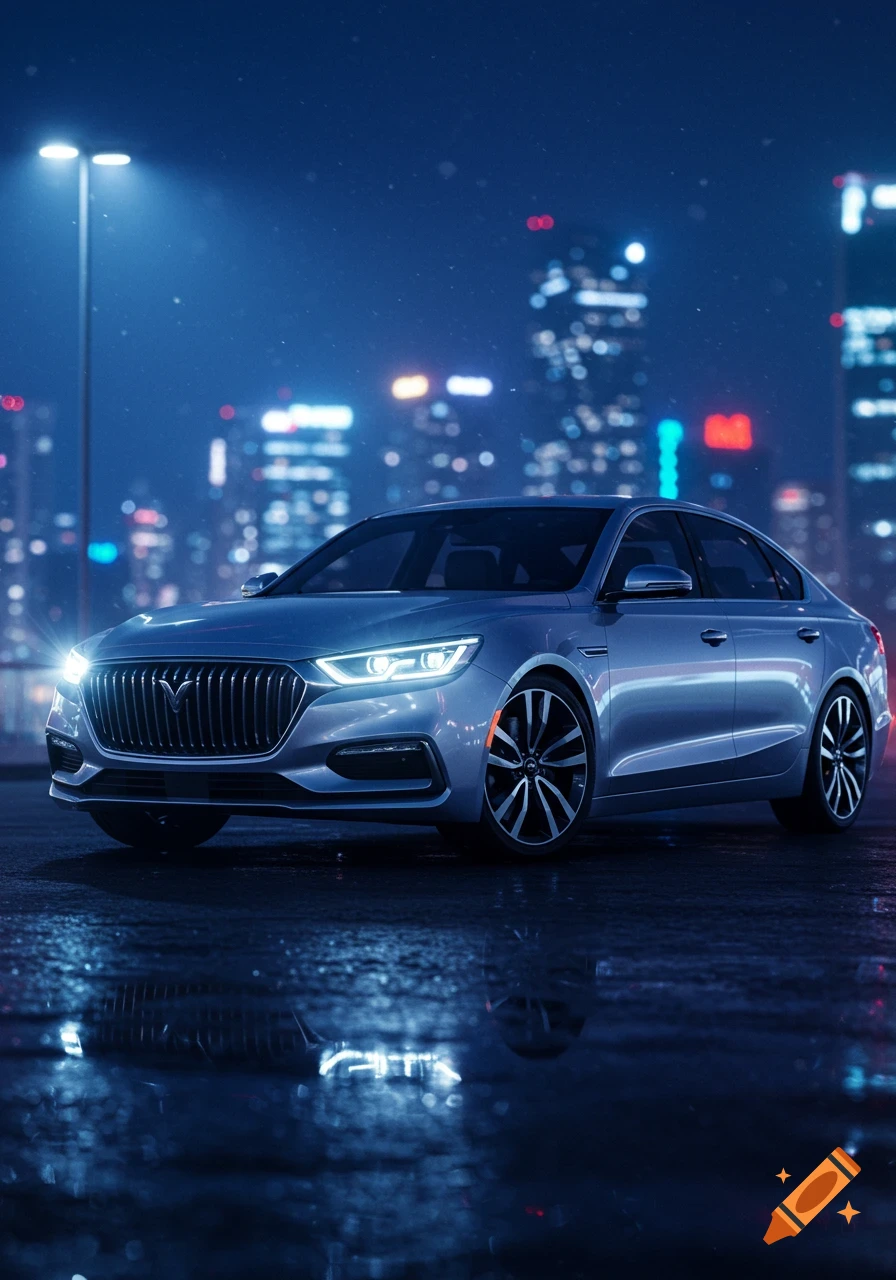 A silver sedan with bright headlights parked on a wet city street at night, with a blurred cityscape and lamppost.