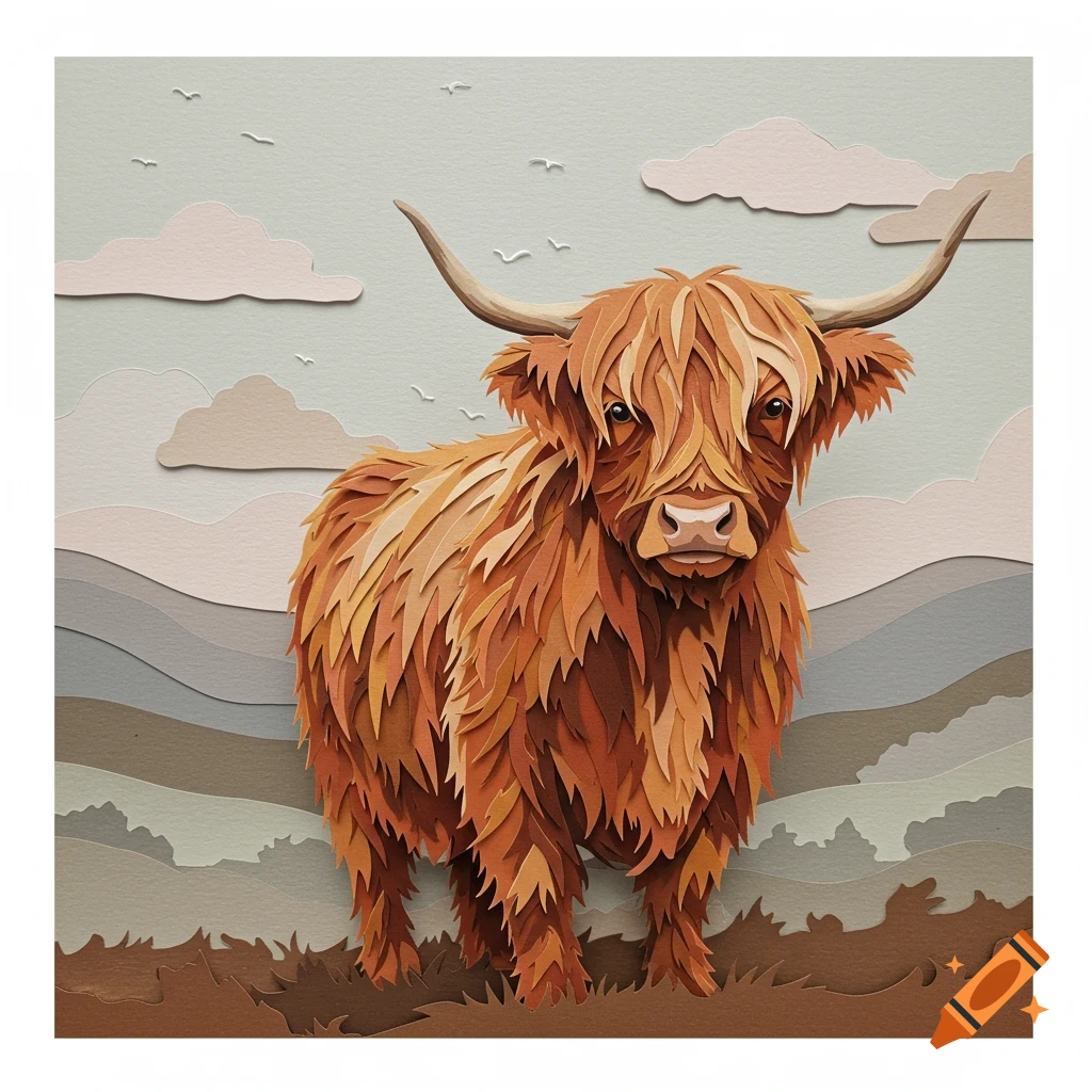 A paper cut-out illustration of a fluffy brown Highland cow standing in a layered landscape with mountains and clouds.
