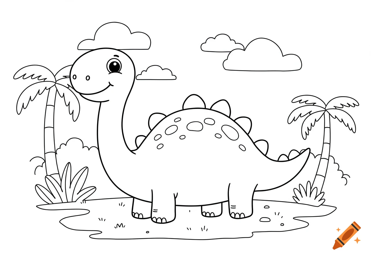 A playful, black and white line drawing of a smiling brontosaurus-like dinosaur with palm trees and clouds, suitable for a coloring book.