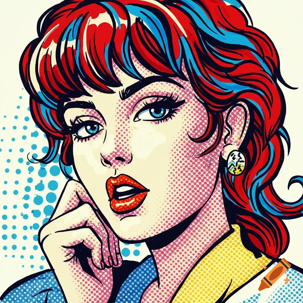 Pop art portrait of a woman with red and blue hair, red lips, and blue eyes, hand near her chin, against a polka dot background.