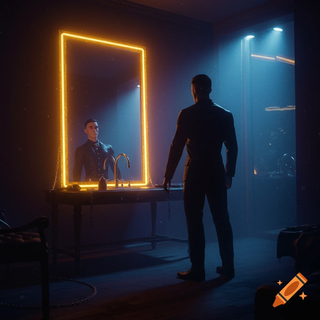 A man in a suit stands with his back to the viewer, gazing into a mirror with a glowing yellow frame in a dark, atmospheric room, chains draped on the vanity.