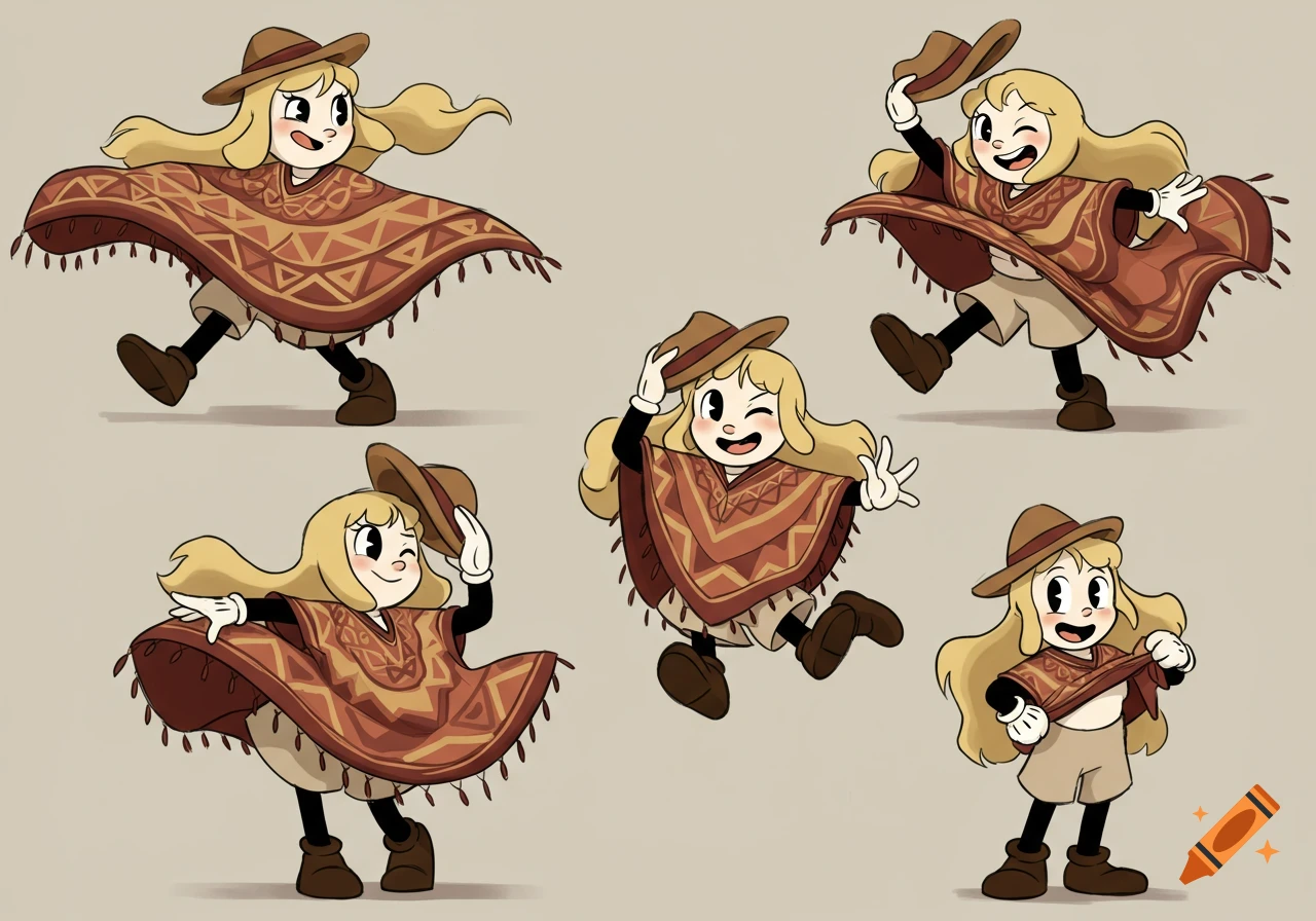 Five 1930s rubber hose cartoon poses of a blonde girl in a hat and patterned Peruvian poncho.