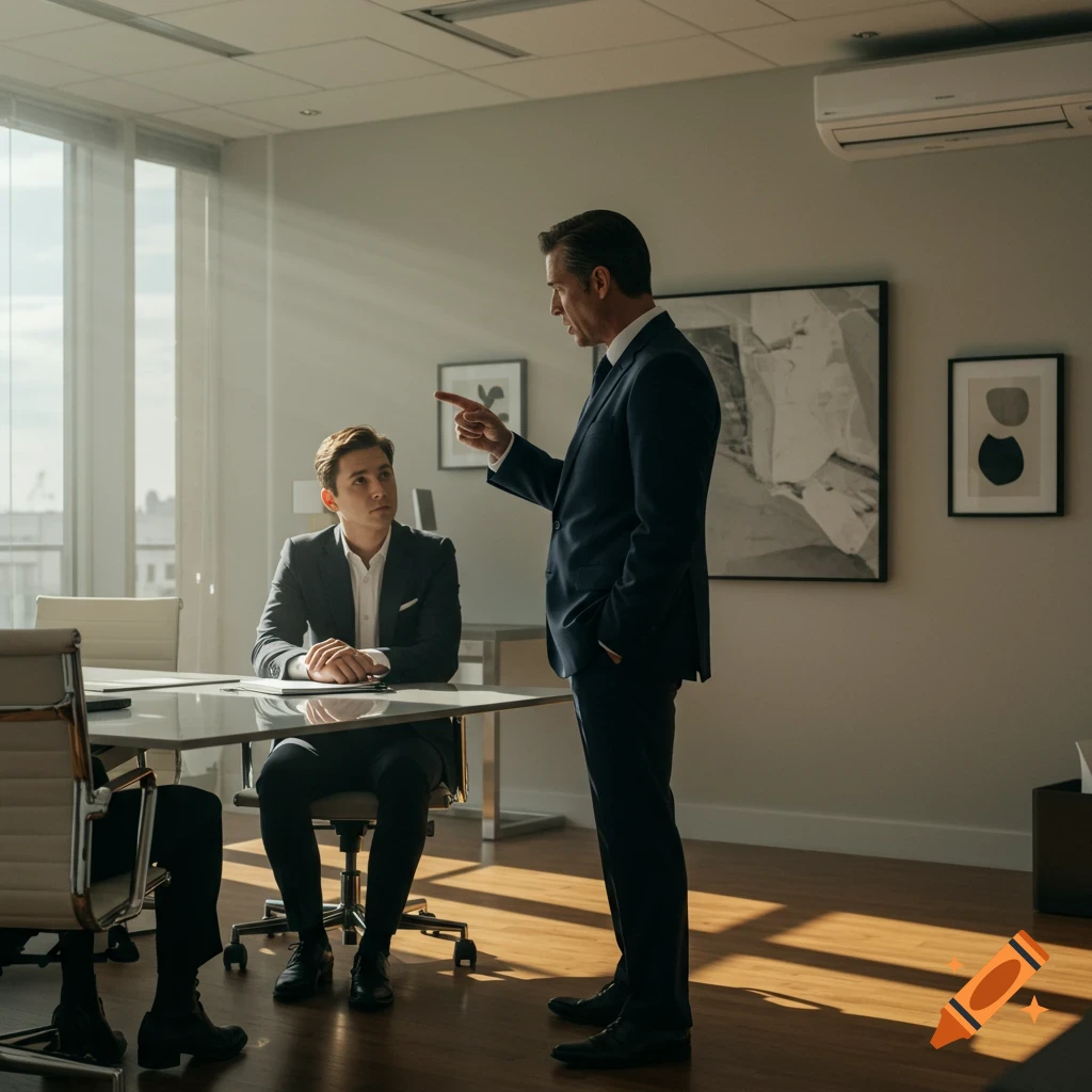 Two men in suits in a sunlit modern office; one stands pointing at the other seated at a table.