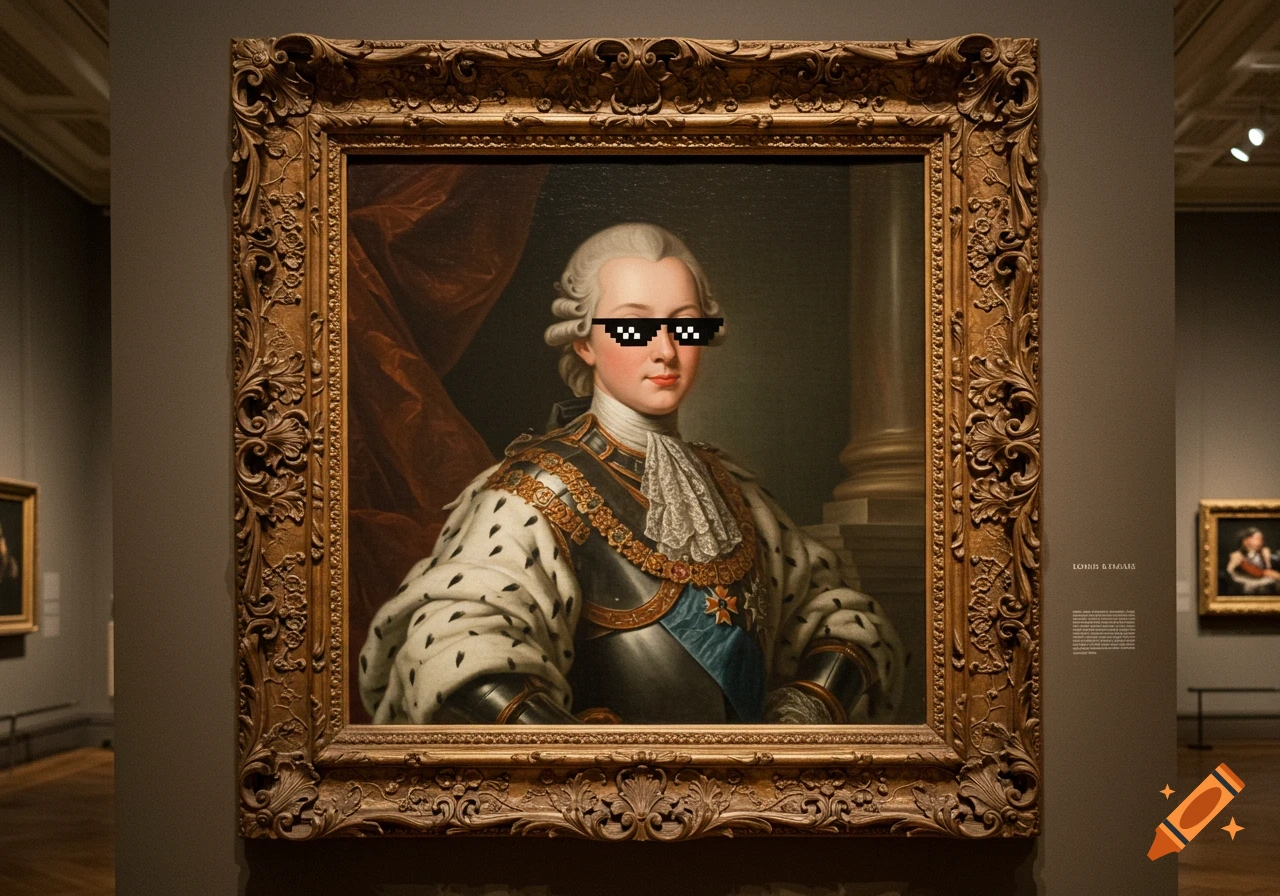 A classical painting of a man with a white wig and pixelated sunglasses in an ornate golden frame, displayed in a museum.