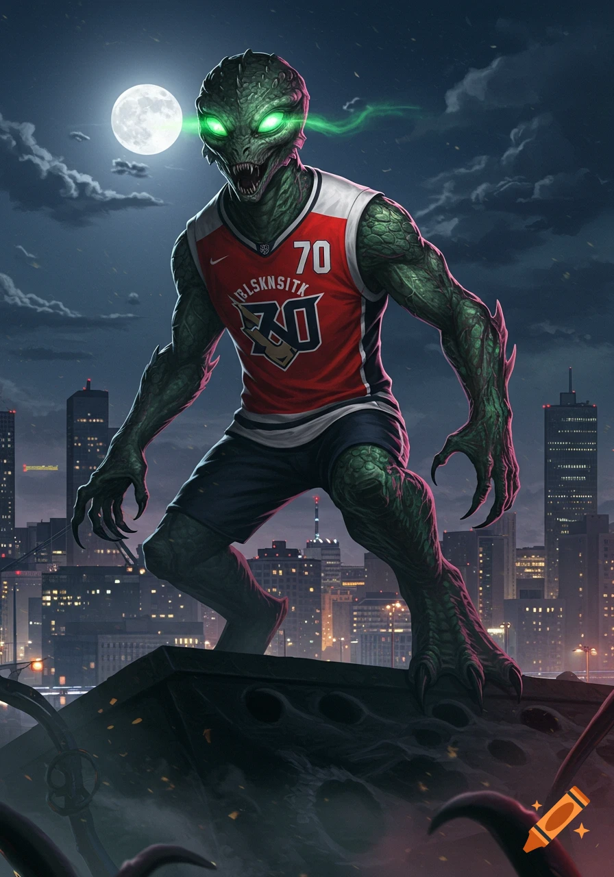 A green reptilian alien in a red basketball jersey with number 70 and glowing green eyes stands on a rooftop overlooking a night city under a full moon, digital art.