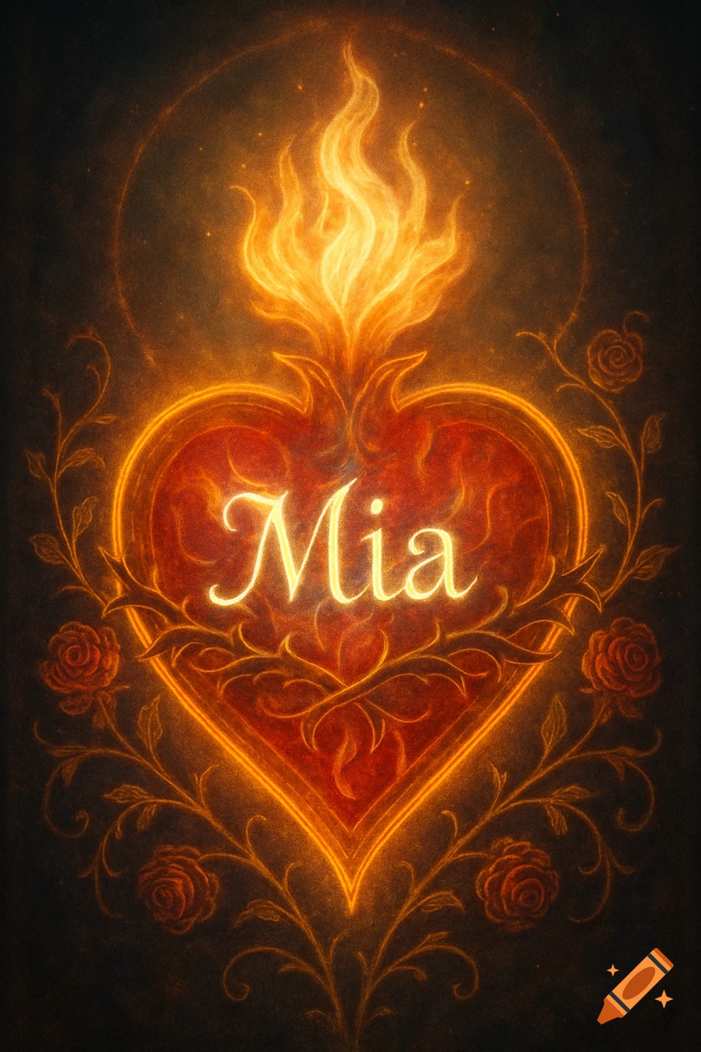 A glowing, stylized sacred heart with flames at the top, surrounded by thorny vines and roses, with the name "Mia" in the center.