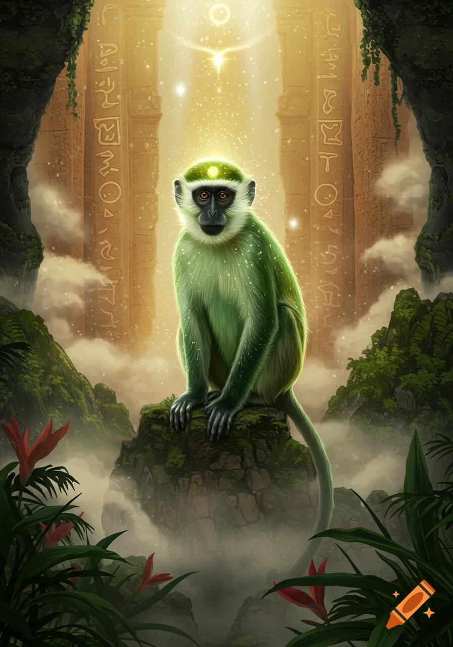 A glowing green monkey with a halo sits on a mossy rock amidst ancient jungle ruins with sparkling light.