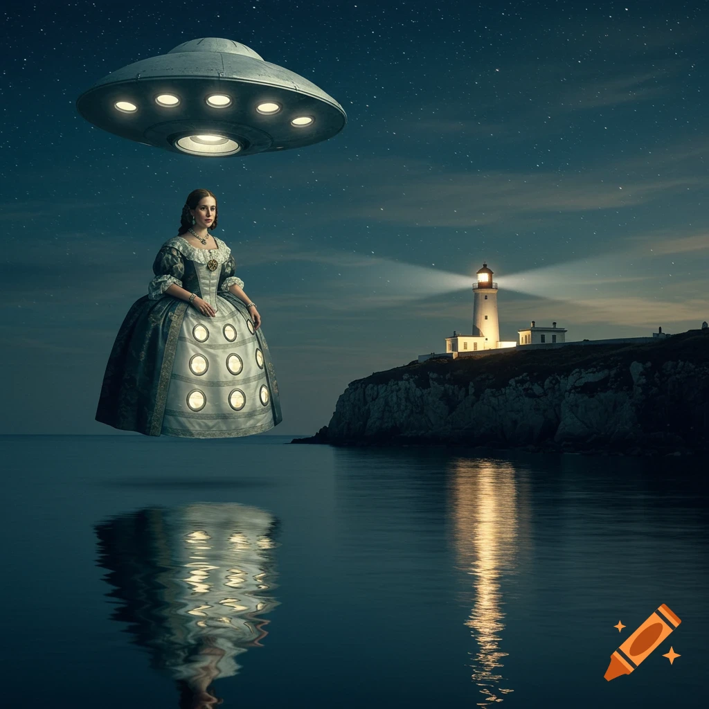 Infanta Margarita Teresa in a UFO-like dress hovers over a night sea with a lighthouse under a starry sky.