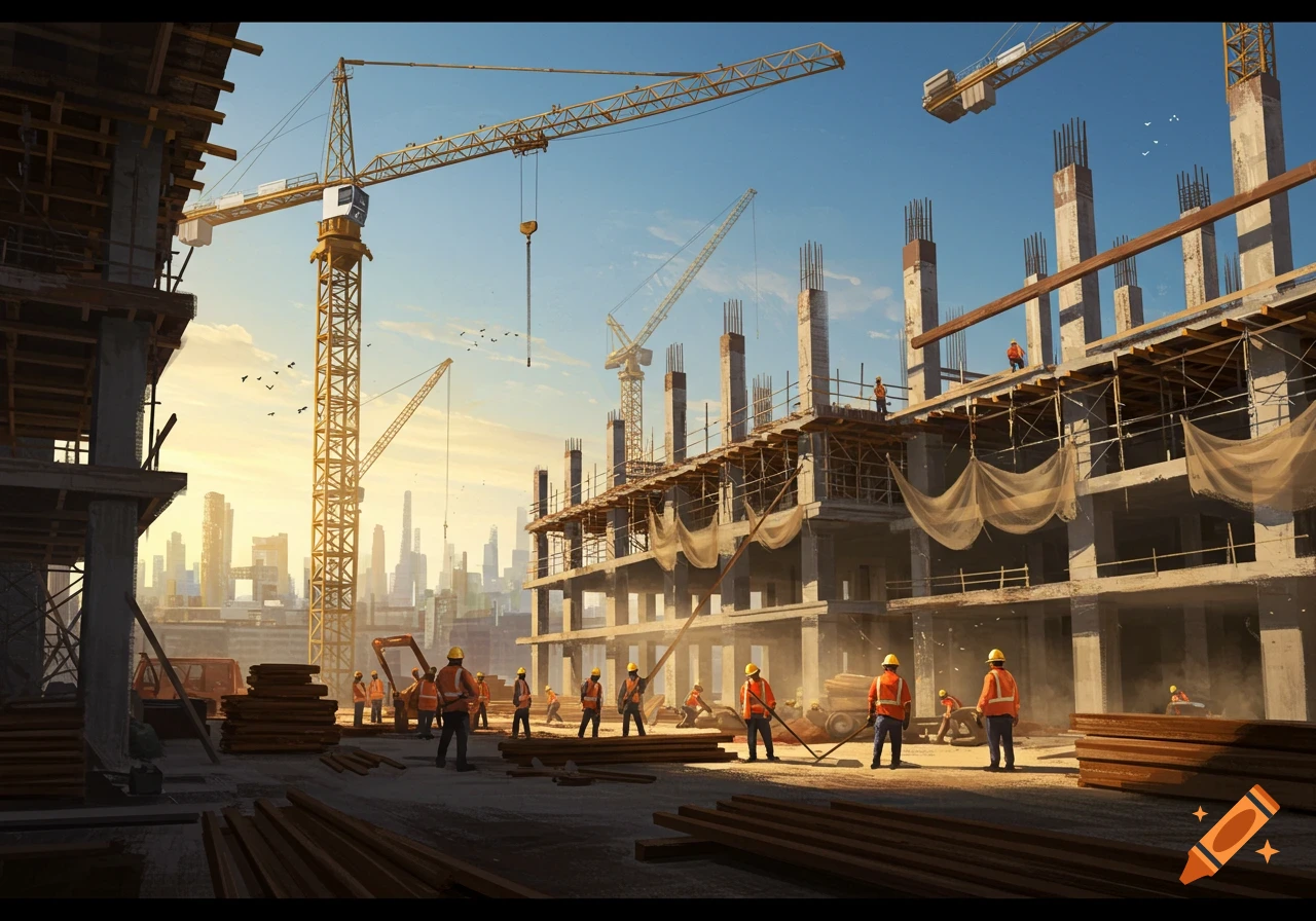 Busy construction site with workers, cranes, and buildings under construction, set against a sunny city skyline.